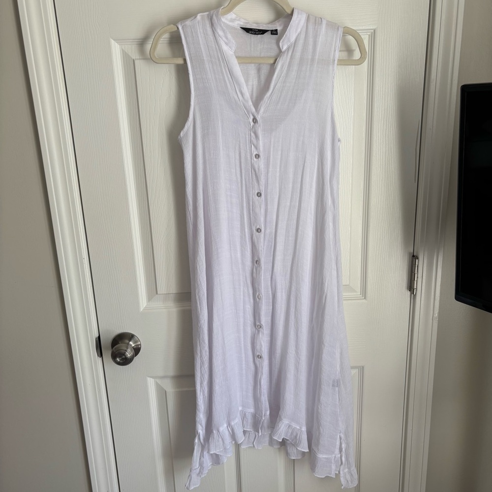 Womens Mlle Gabrielle White Semi Sheer Sleeveless Button Closure Shirt Dress S‎
